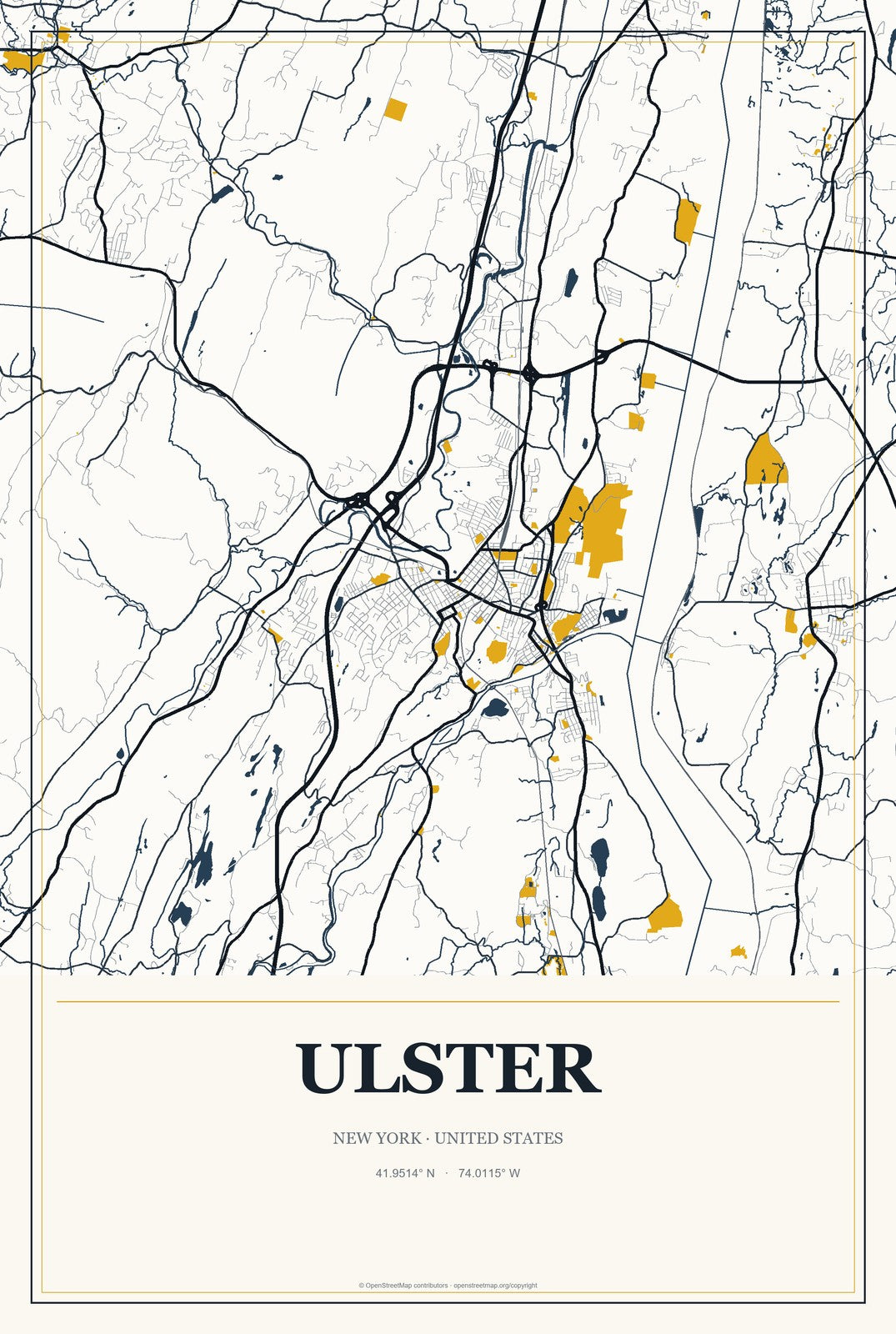 Ulster, New York City Map Aluminum Sign in Citrine Modern style