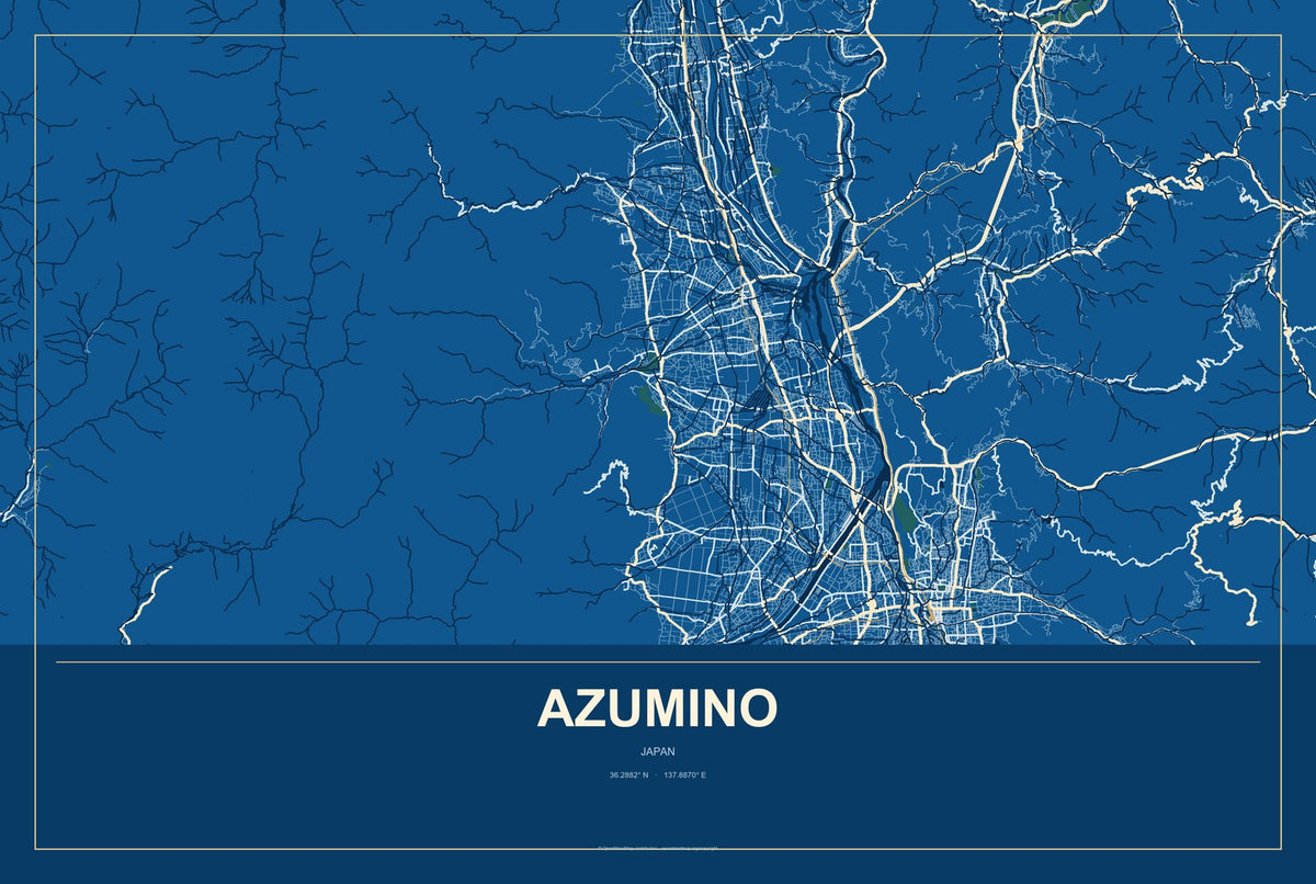 Azumino, Japan City Map Aluminum Sign in Harbor Cobalt style