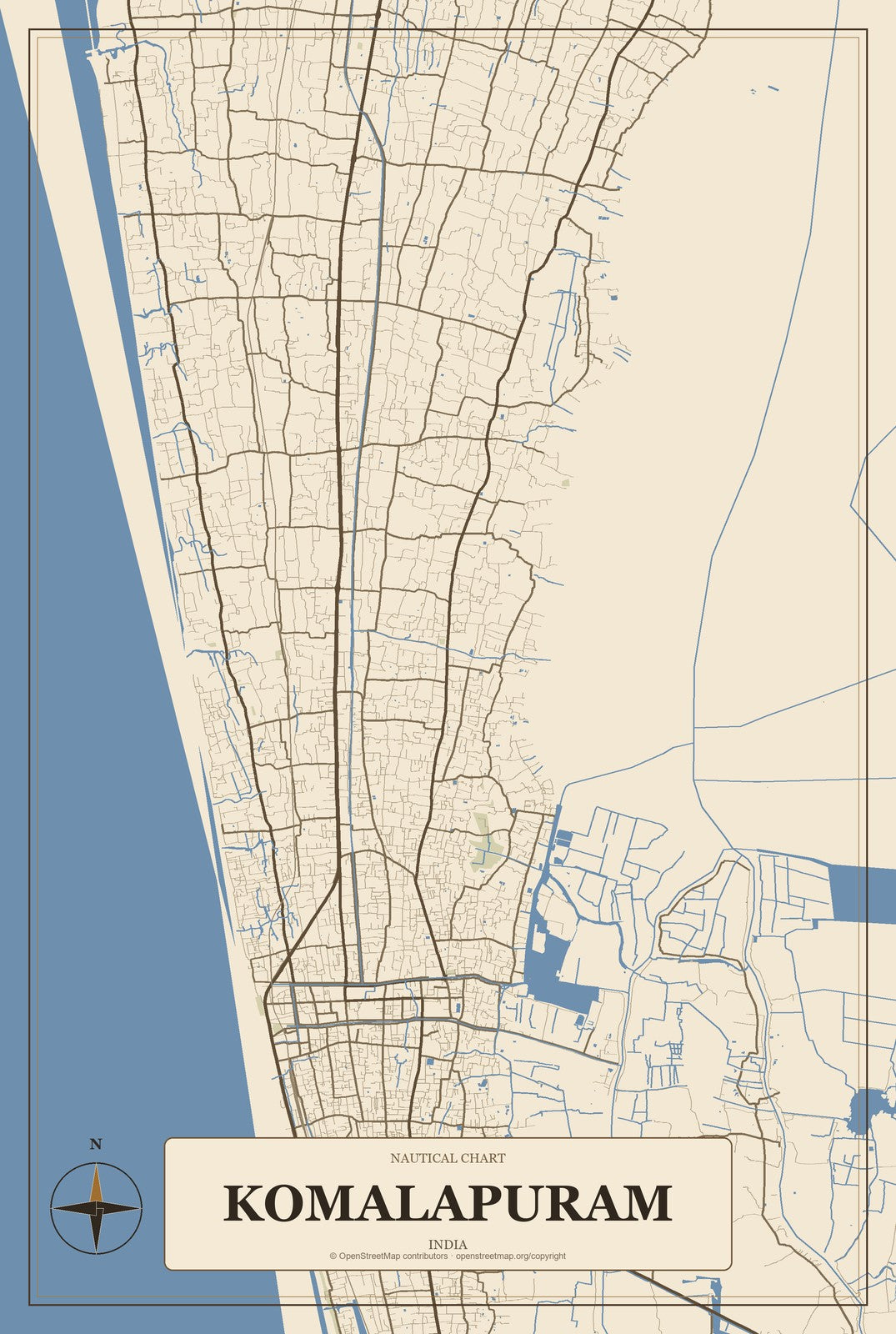 Komalapuram, India City Map Aluminum Sign in Heritage Nautical style