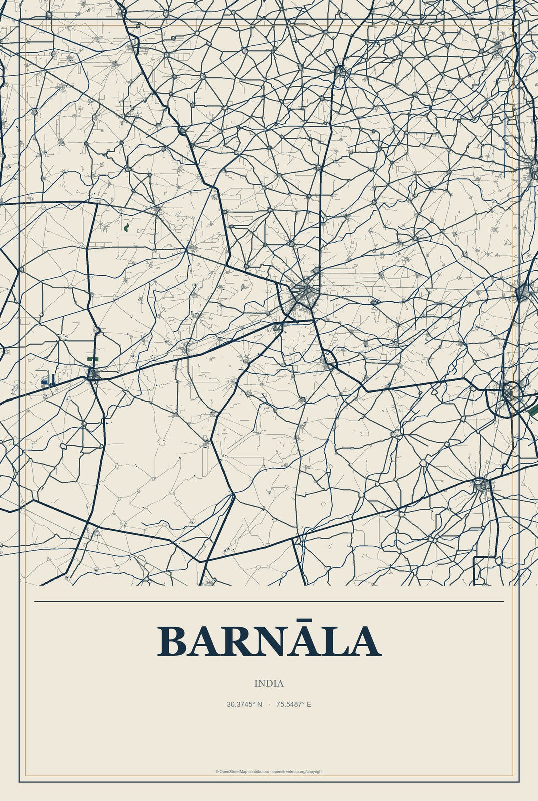 Barnāla, India City Map Aluminum Sign in Coastal Cutout style