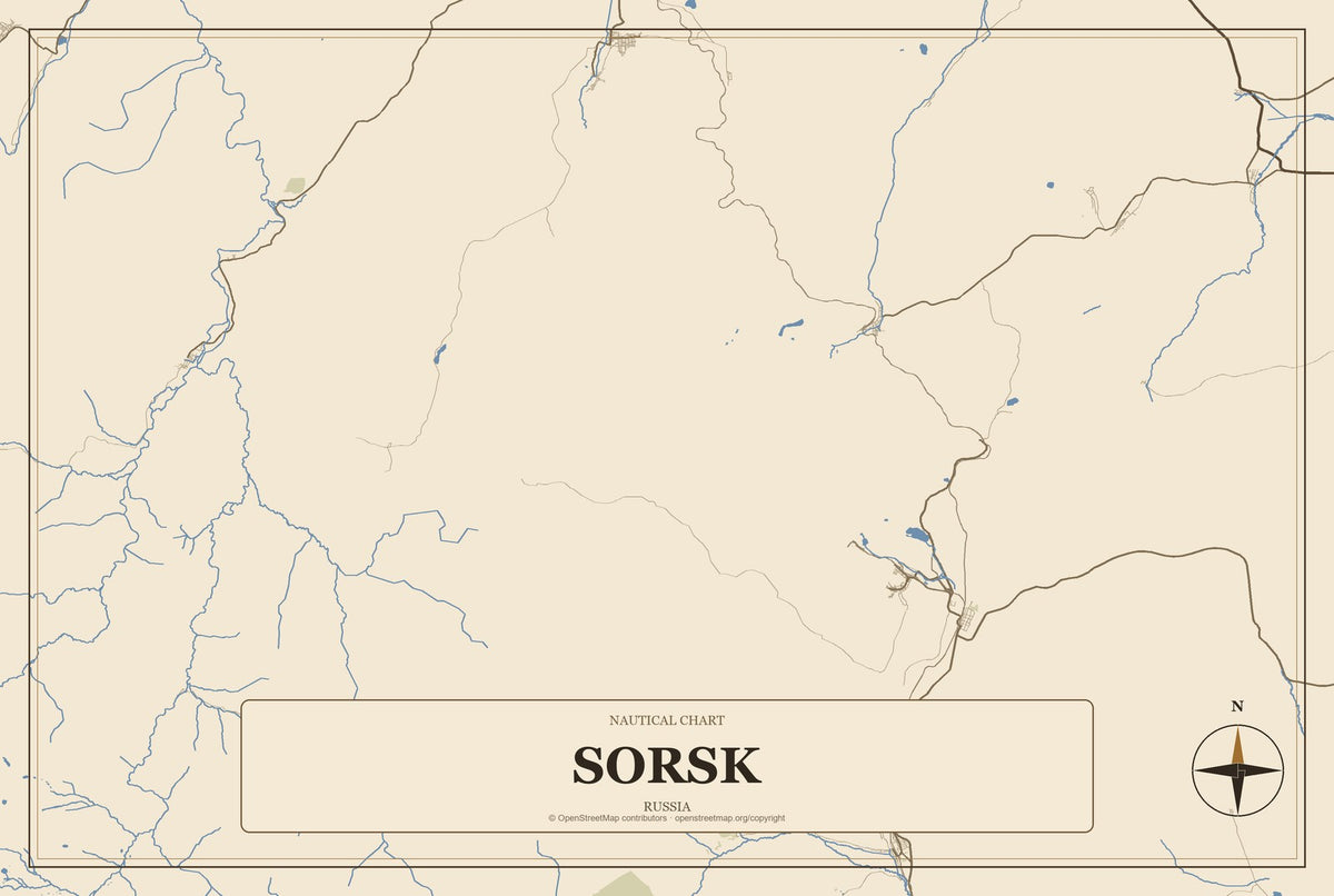Sorsk, Russia City Map Aluminum Sign in Heritage Nautical style