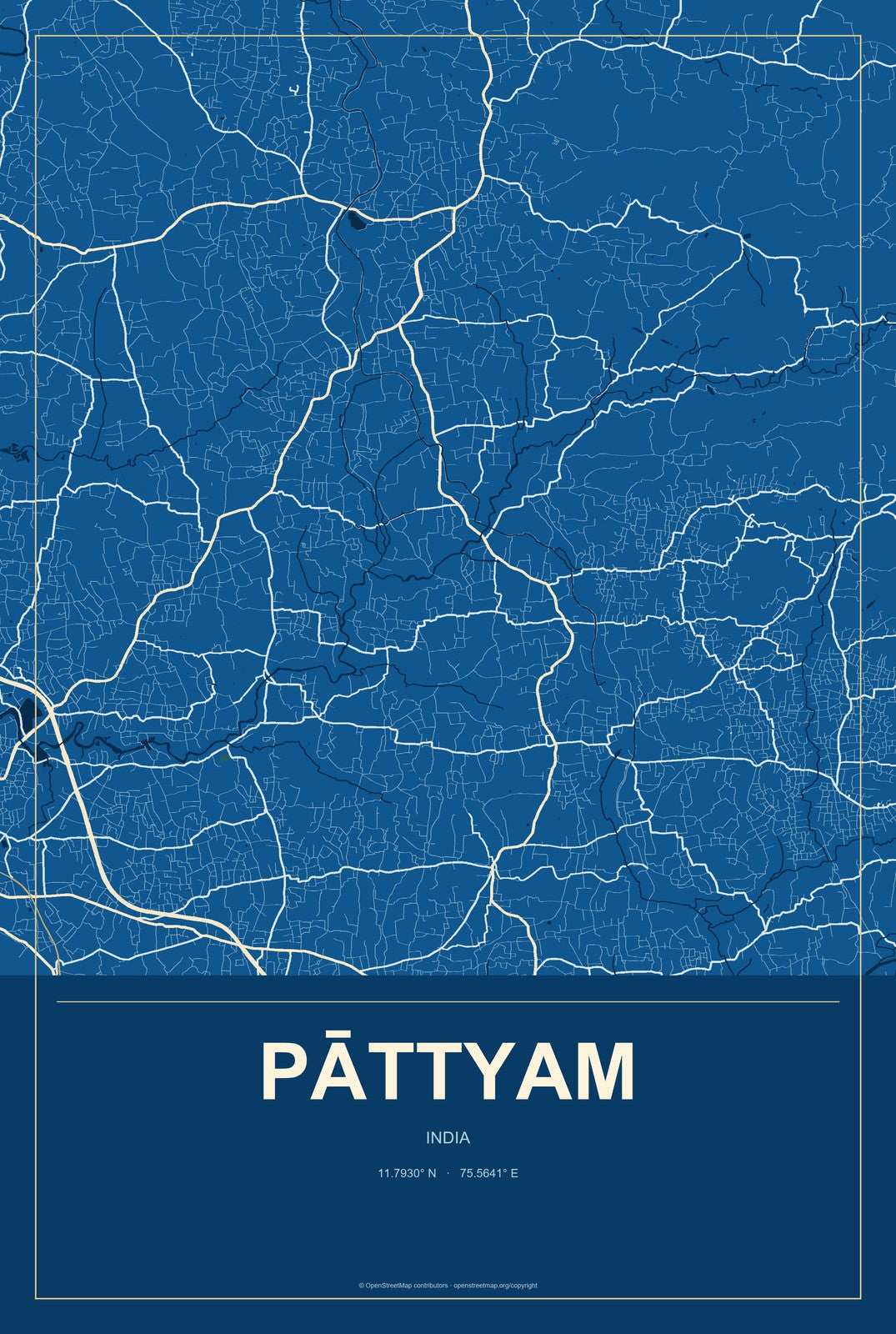 Pāttyam, India City Map Aluminum Sign in Harbor Cobalt style