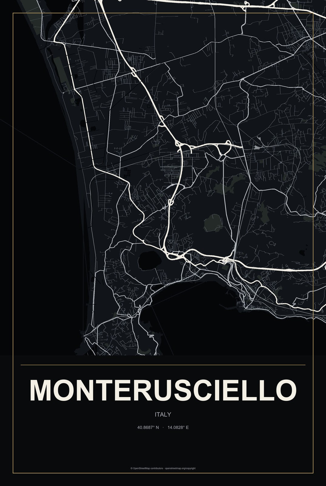 Monterusciello, Italy City Map Aluminum Sign in Metropolitan Noir style