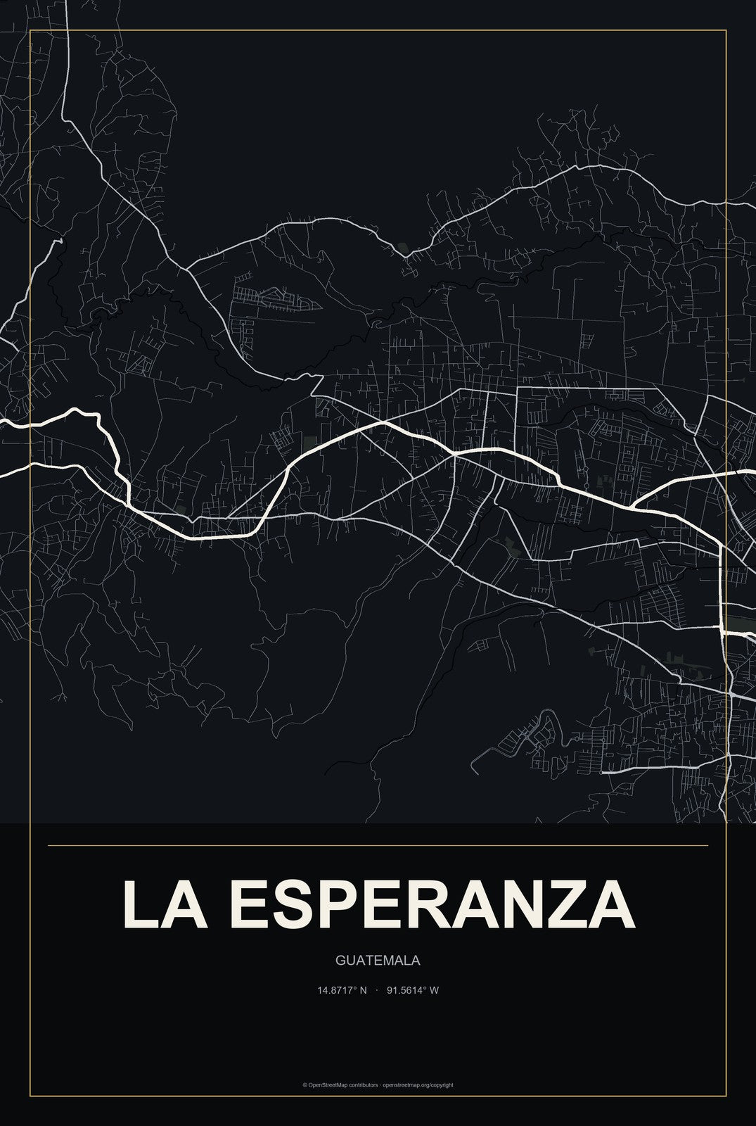 La Esperanza, Guatemala City Map Aluminum Sign in Metropolitan Noir style