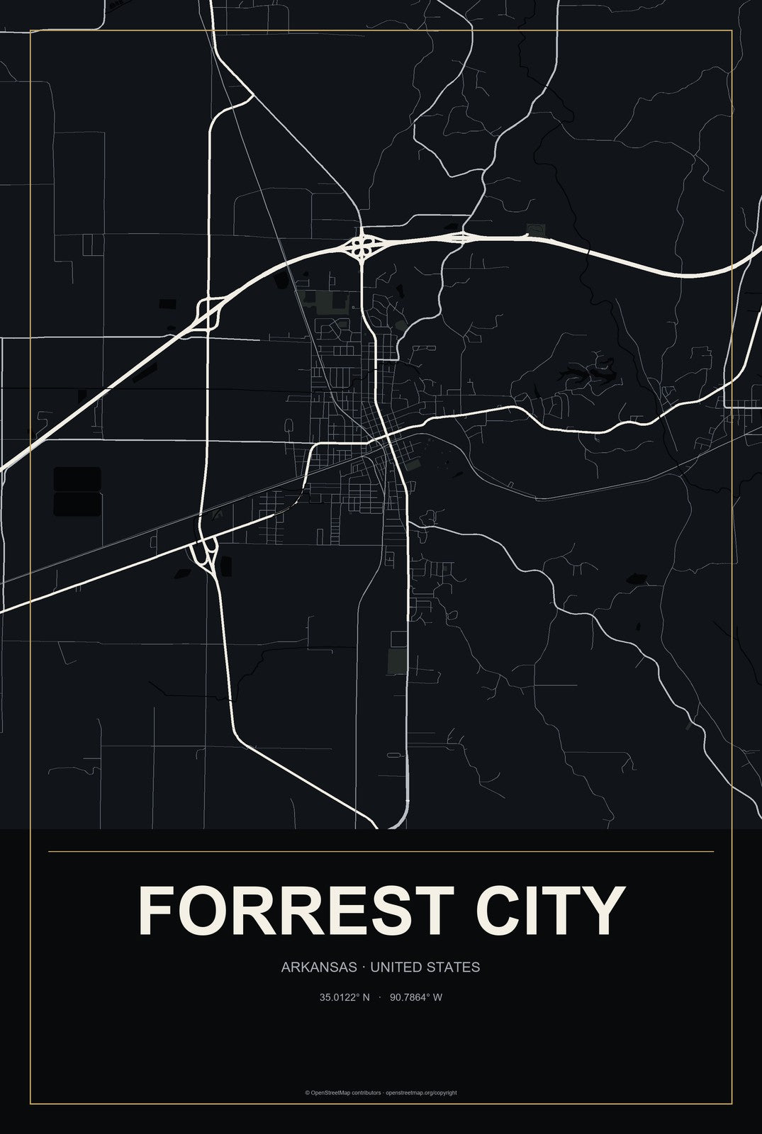 Forrest City, Arkansas City Map Aluminum Sign in Metropolitan Noir style