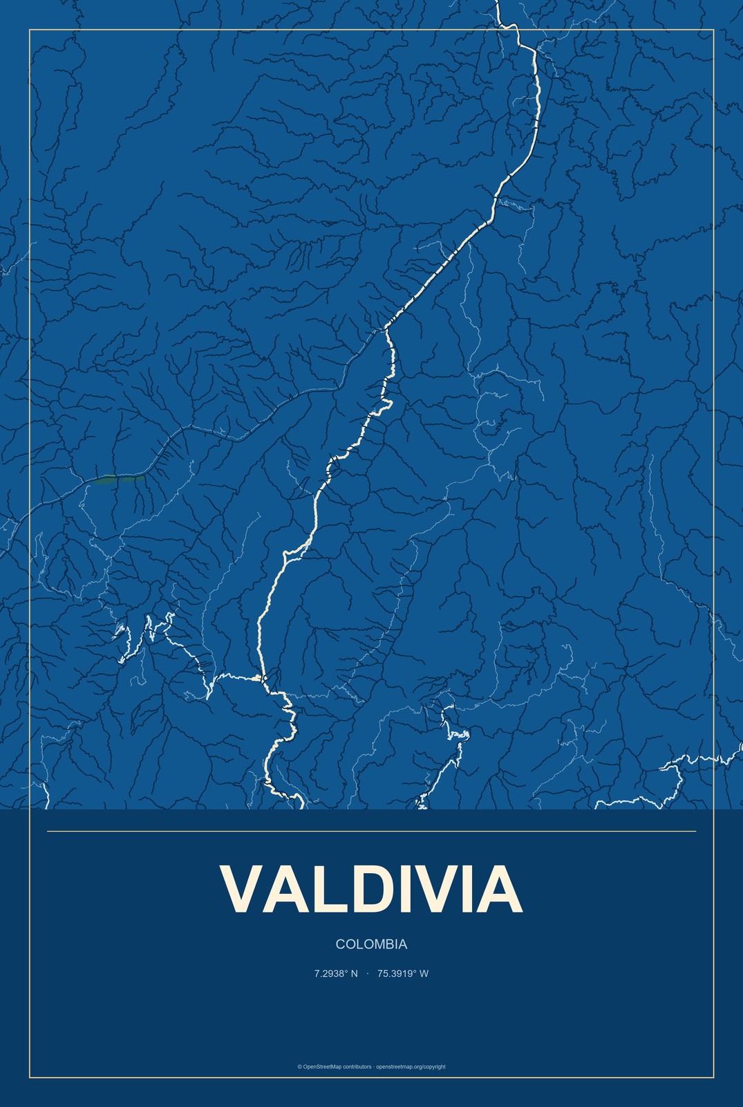 Valdivia, Colombia City Map Aluminum Sign in Harbor Cobalt style