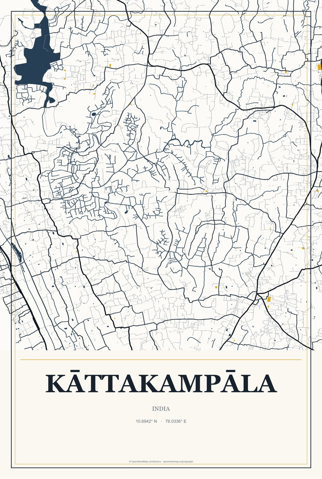 Kāttakampāla, India City Map Aluminum Sign in Citrine Modern style