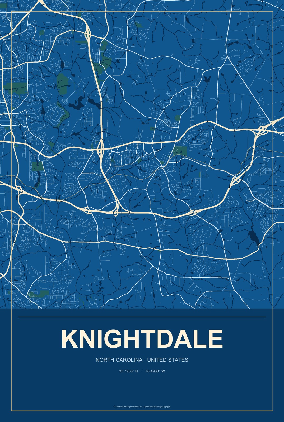 Knightdale, North Carolina City Map Aluminum Sign in Harbor Cobalt style