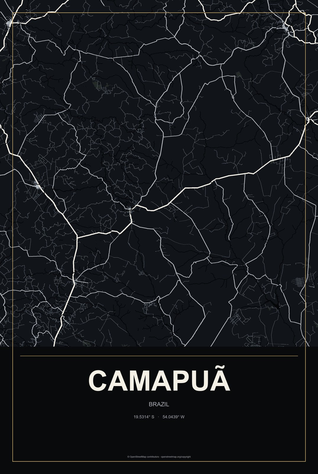 Camapuã, Brazil City Map Aluminum Sign in Metropolitan Noir style