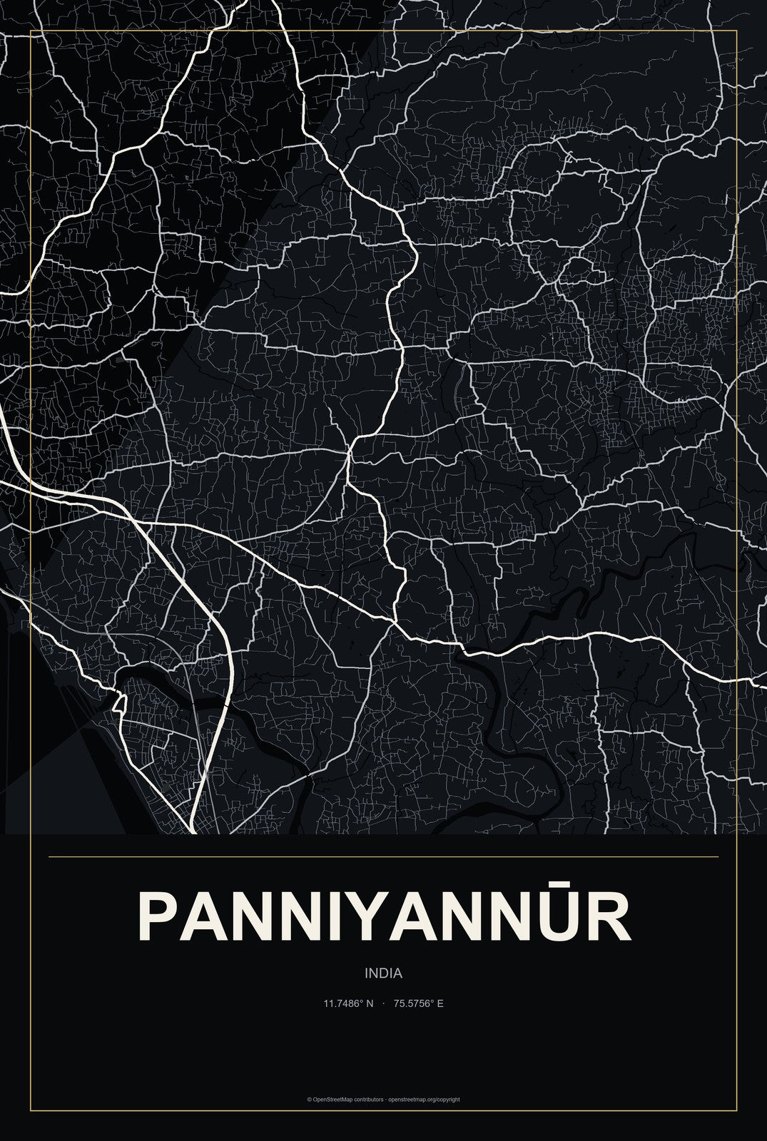 Panniyannūr, India City Map Aluminum Sign in Metropolitan Noir style