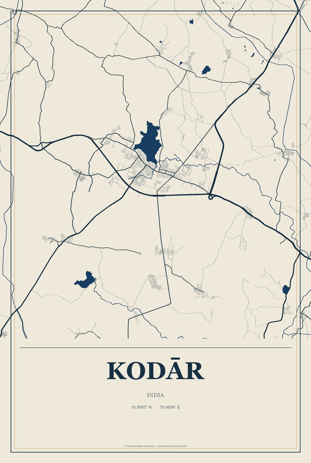 Kodār, India City Map Aluminum Sign in Coastal Cutout style