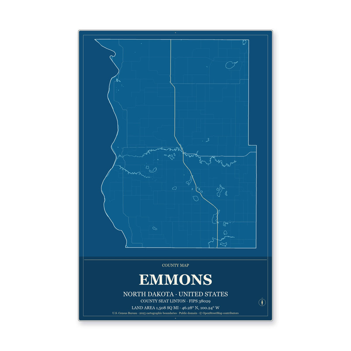 Emmons County, North Dakota Map Aluminum Sign in Harbor Cobalt style