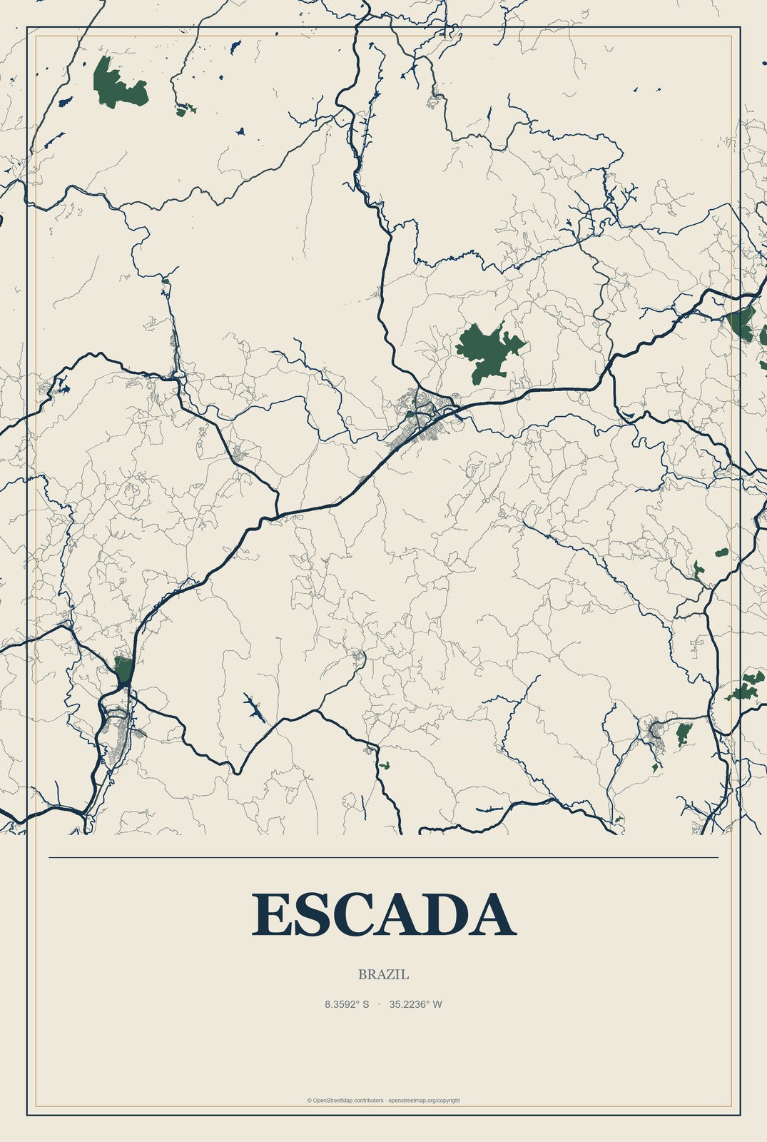 Escada, Brazil City Map Aluminum Sign in Coastal Cutout style