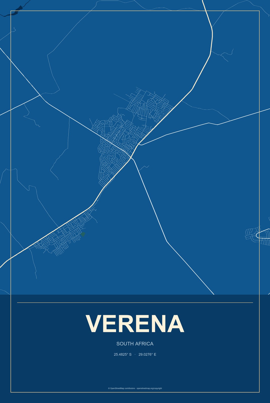 Verena, South Africa City Map Aluminum Sign in Harbor Cobalt style