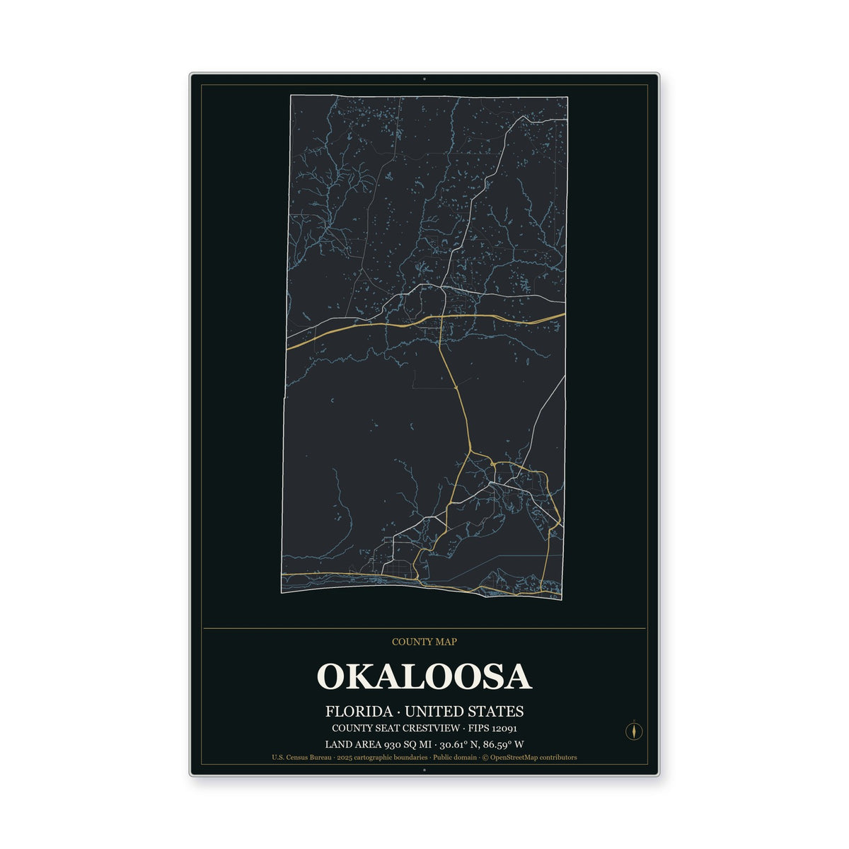 Okaloosa County, Florida Map Aluminum Sign in Metropolitan Noir style