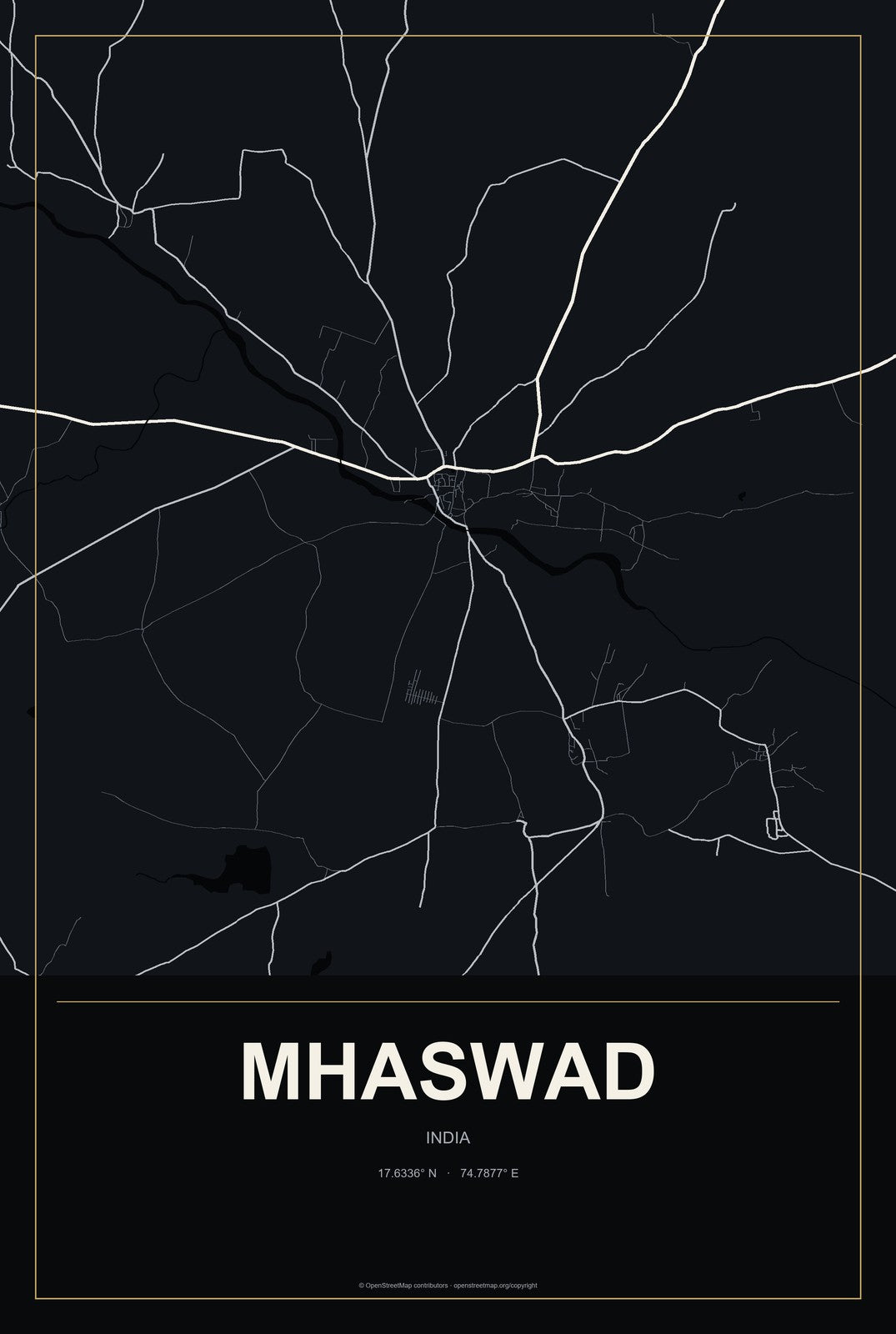 Mhaswad, India City Map Aluminum Sign in Metropolitan Noir style
