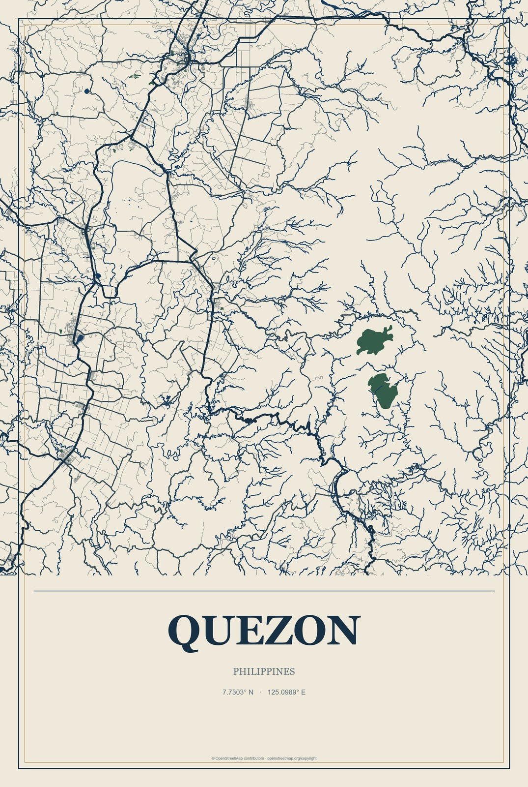 Quezon, Northern Mindanao, Philippines City Map Aluminum Sign in Coastal Cutout style