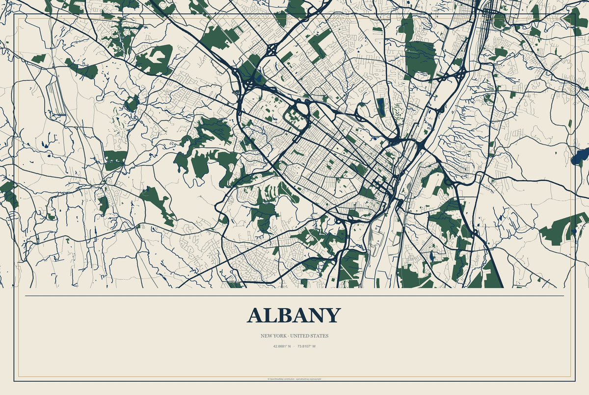 Albany, New York City Map Aluminum Sign in Coastal Cutout style