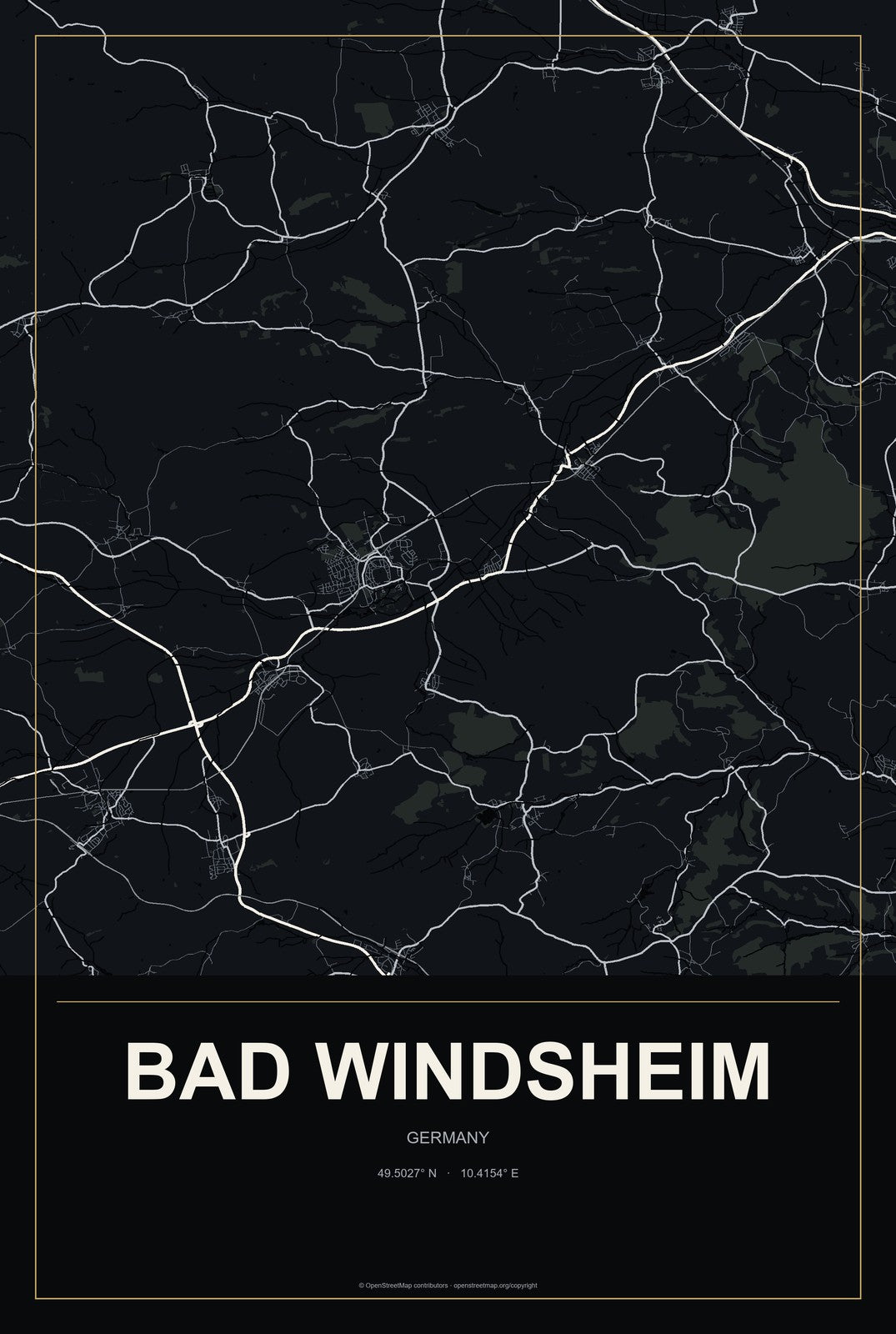 Bad Windsheim, Germany City Map Aluminum Sign in Metropolitan Noir style