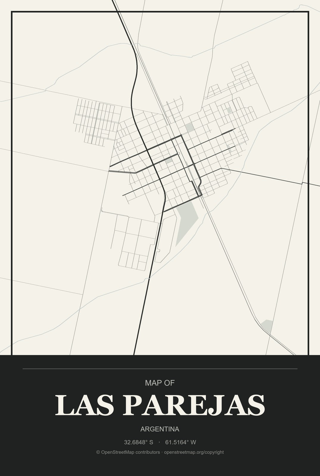 Las Parejas, Argentina City Map Aluminum Sign in Museum Plaque style