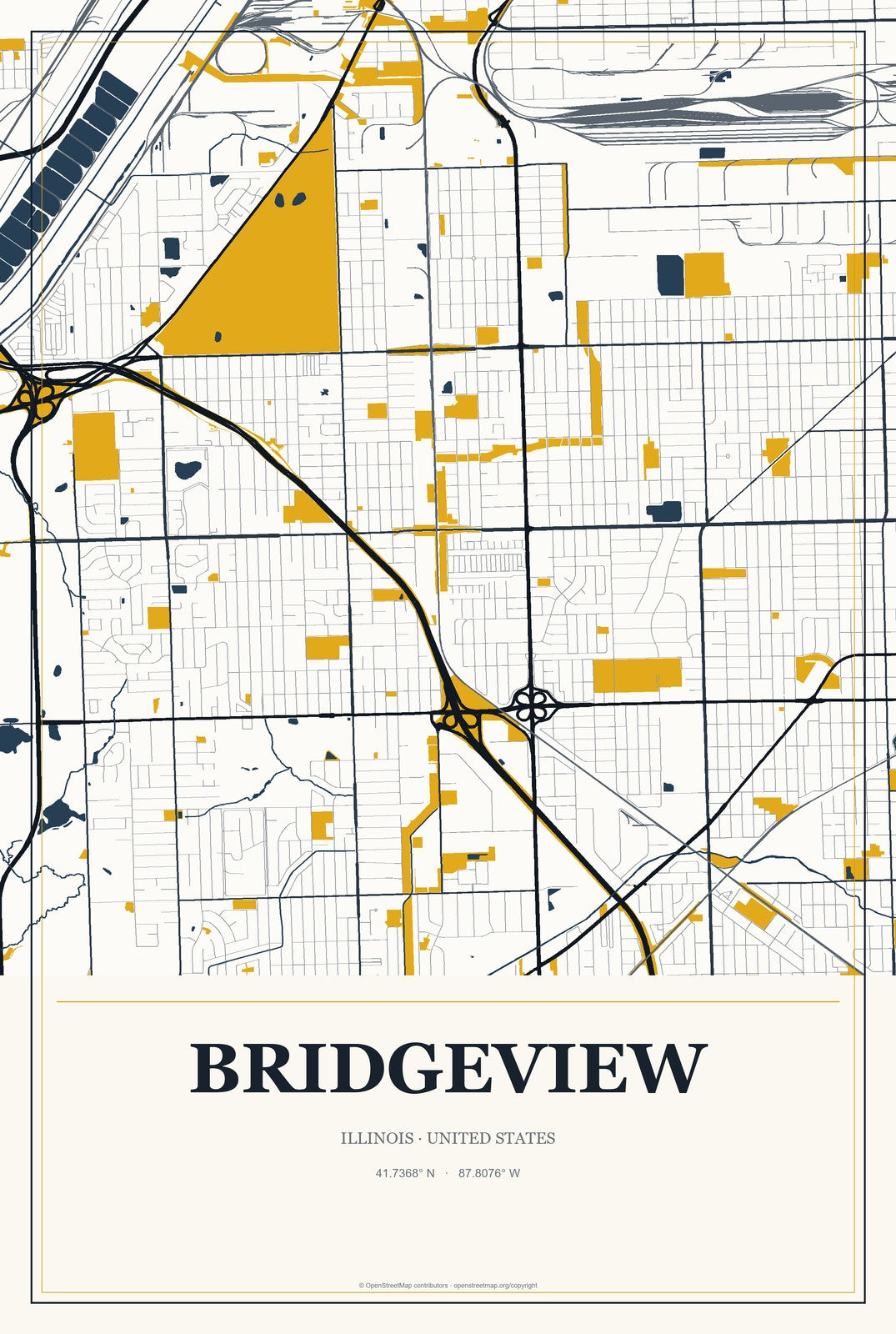 Bridgeview, Illinois City Map Aluminum Sign in Citrine Modern style