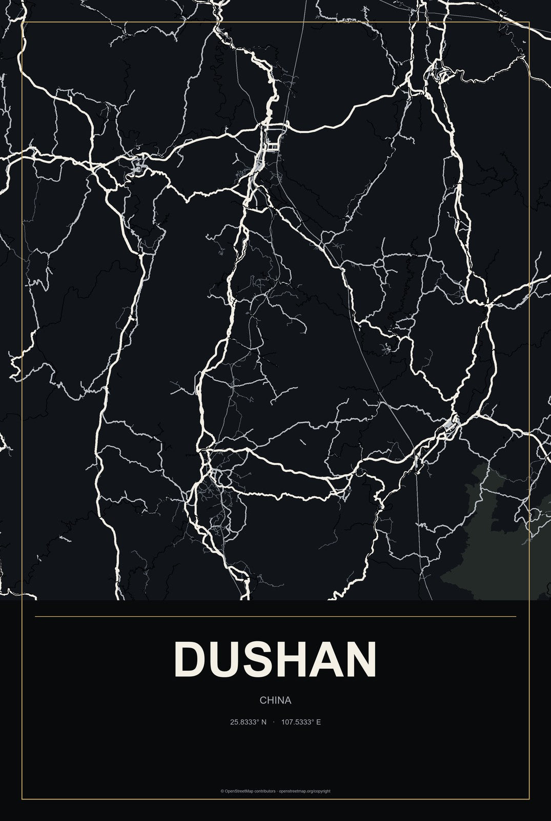 Dushan, China City Map Aluminum Sign in Metropolitan Noir style