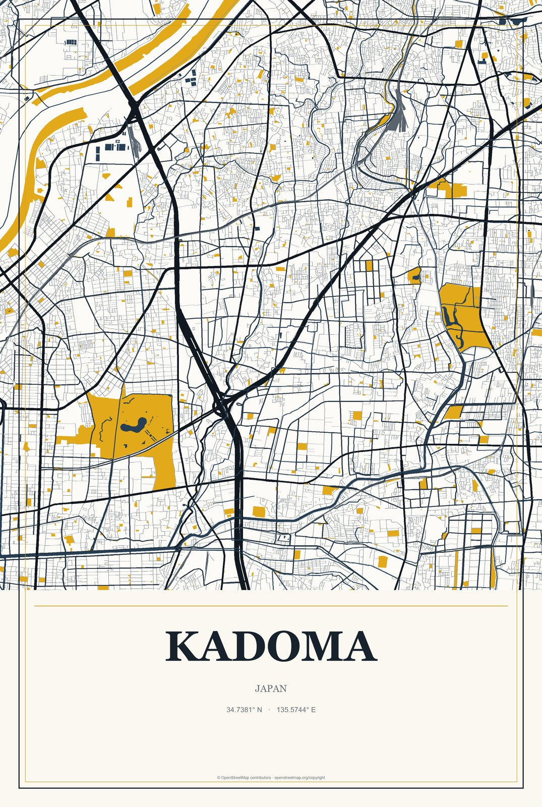 Kadoma, Japan City Map Aluminum Sign in Citrine Modern style