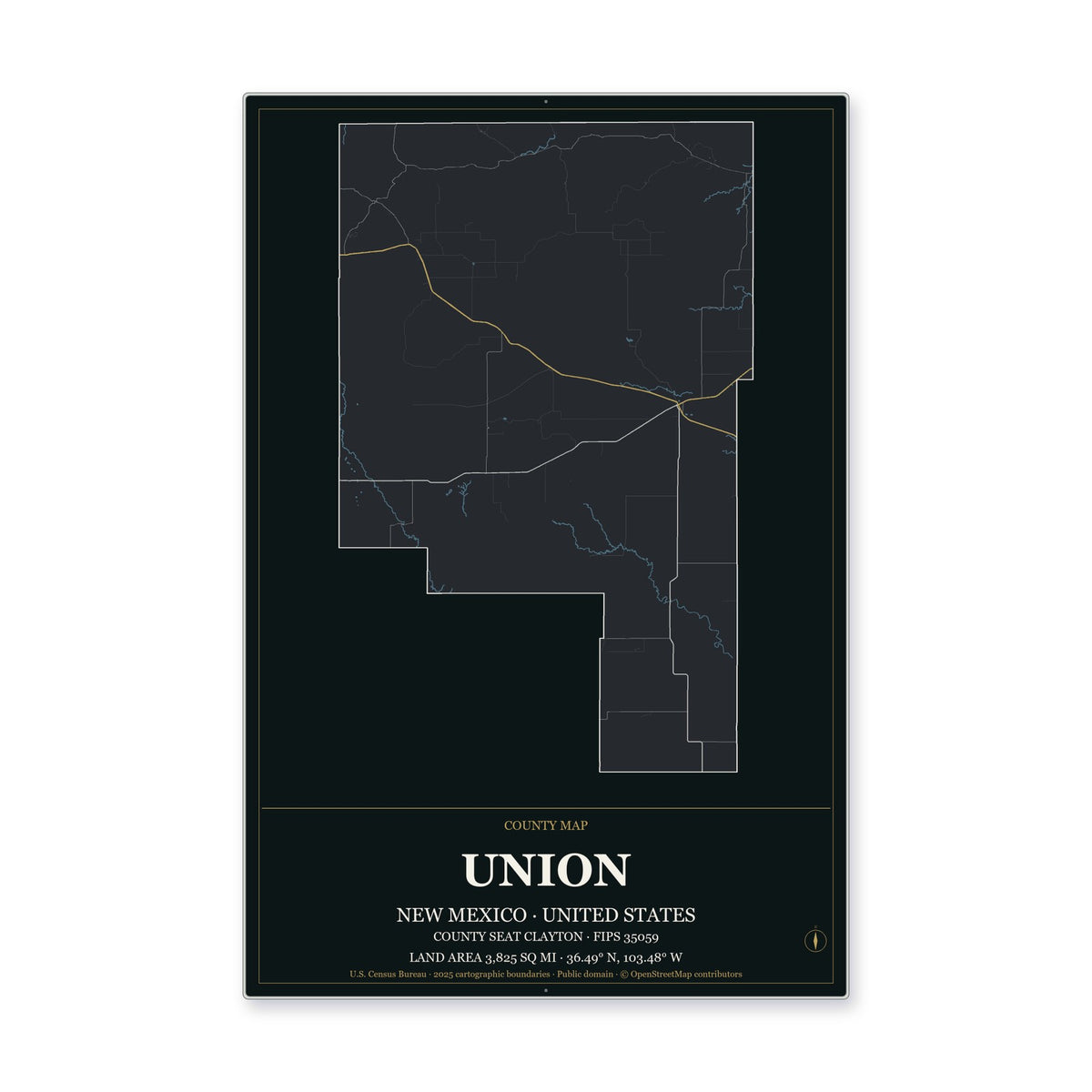 Union County, New Mexico Map Aluminum Sign in Metropolitan Noir style