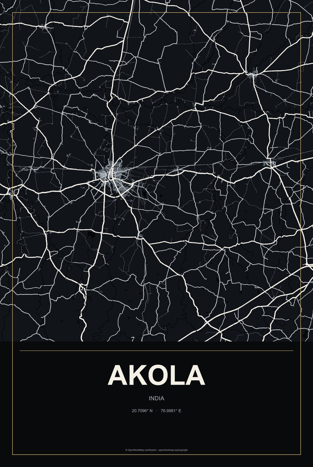 Akola, India City Map Aluminum Sign in Metropolitan Noir style