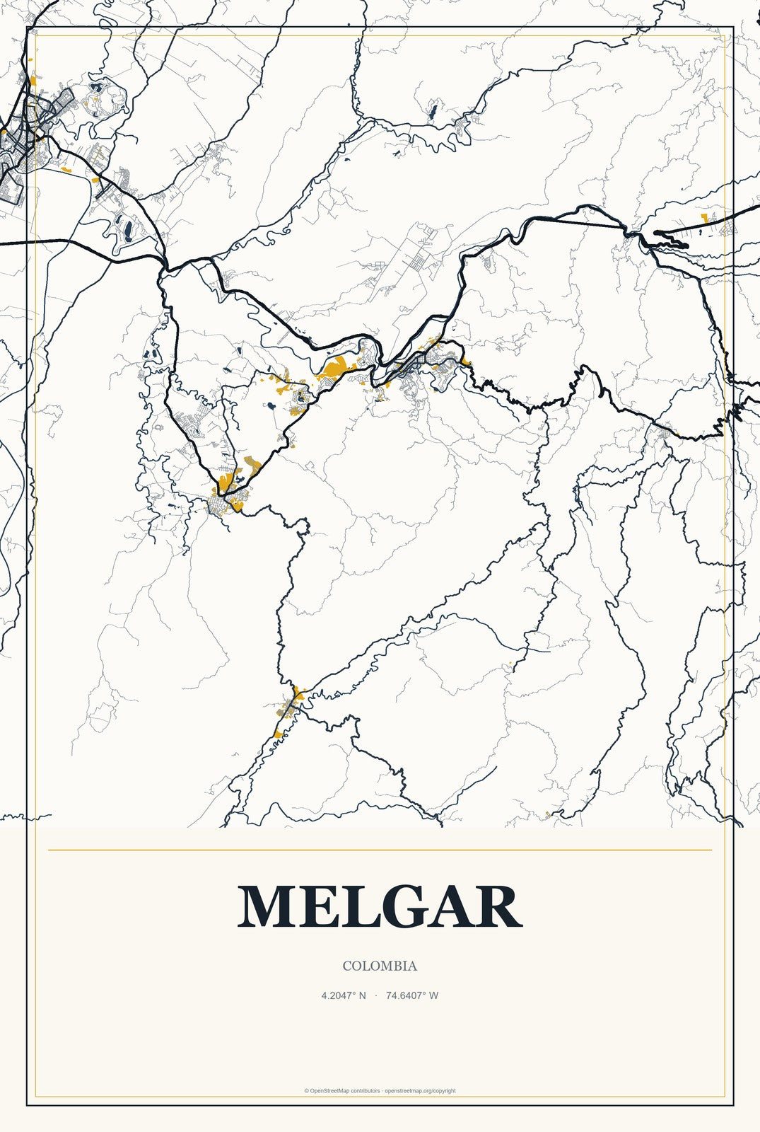 Melgar, Colombia City Map Aluminum Sign in Citrine Modern style