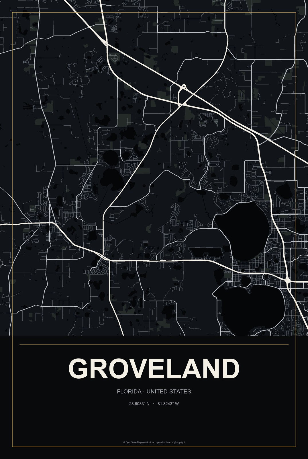 Groveland, Florida City Map Aluminum Sign in Metropolitan Noir style