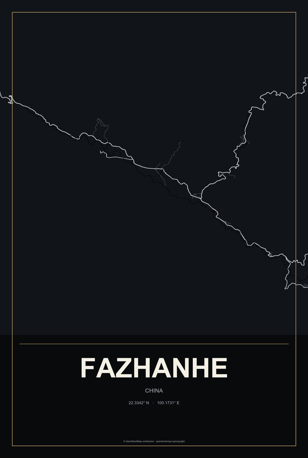 Fazhanhe, China City Map Aluminum Sign in Metropolitan Noir style