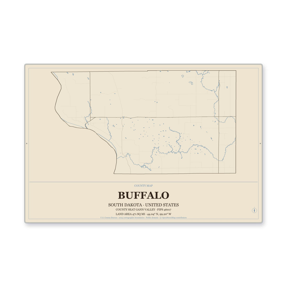 Buffalo County, South Dakota Map Aluminum Sign in Heritage Nautical style