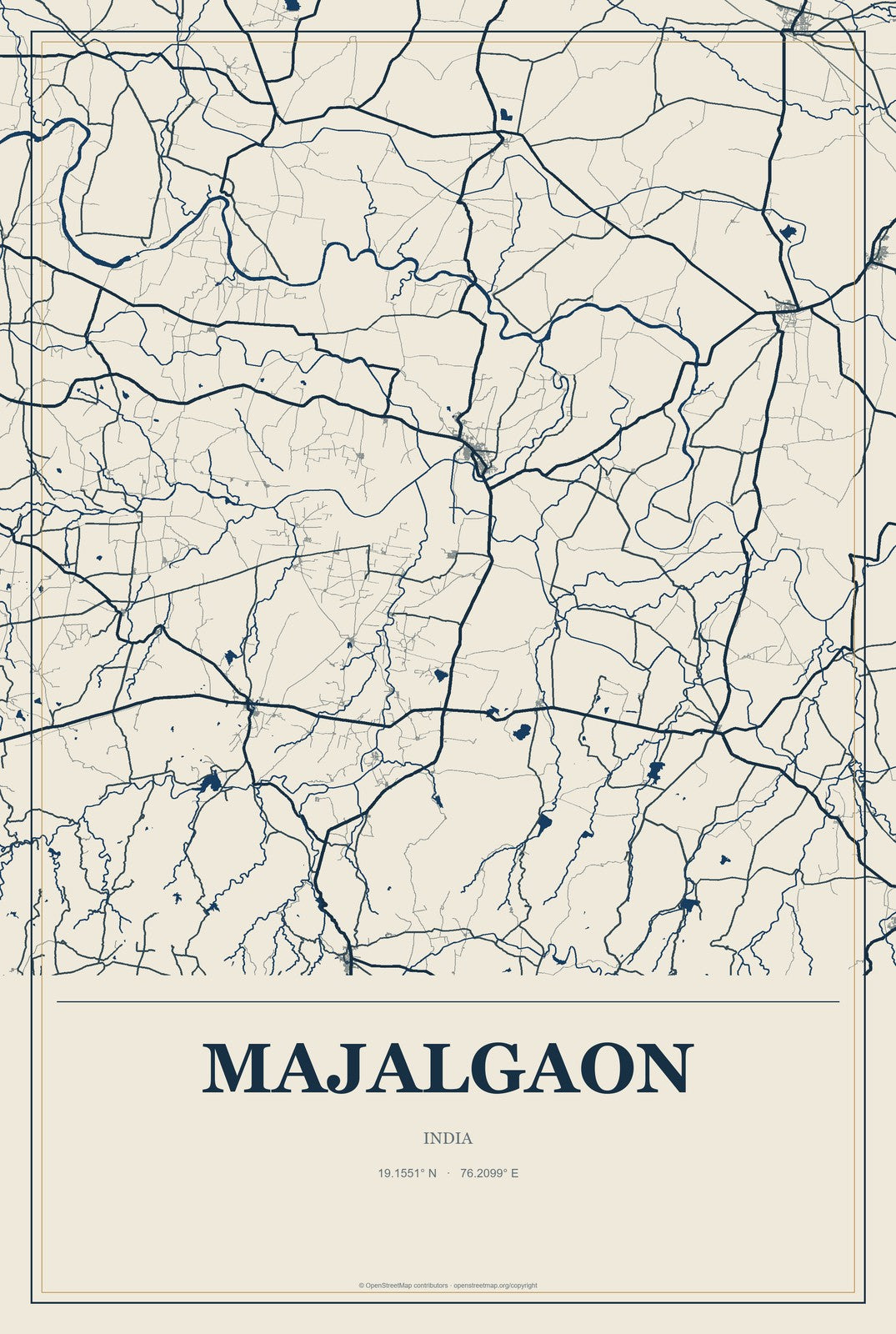Majalgaon, India City Map Aluminum Sign in Coastal Cutout style