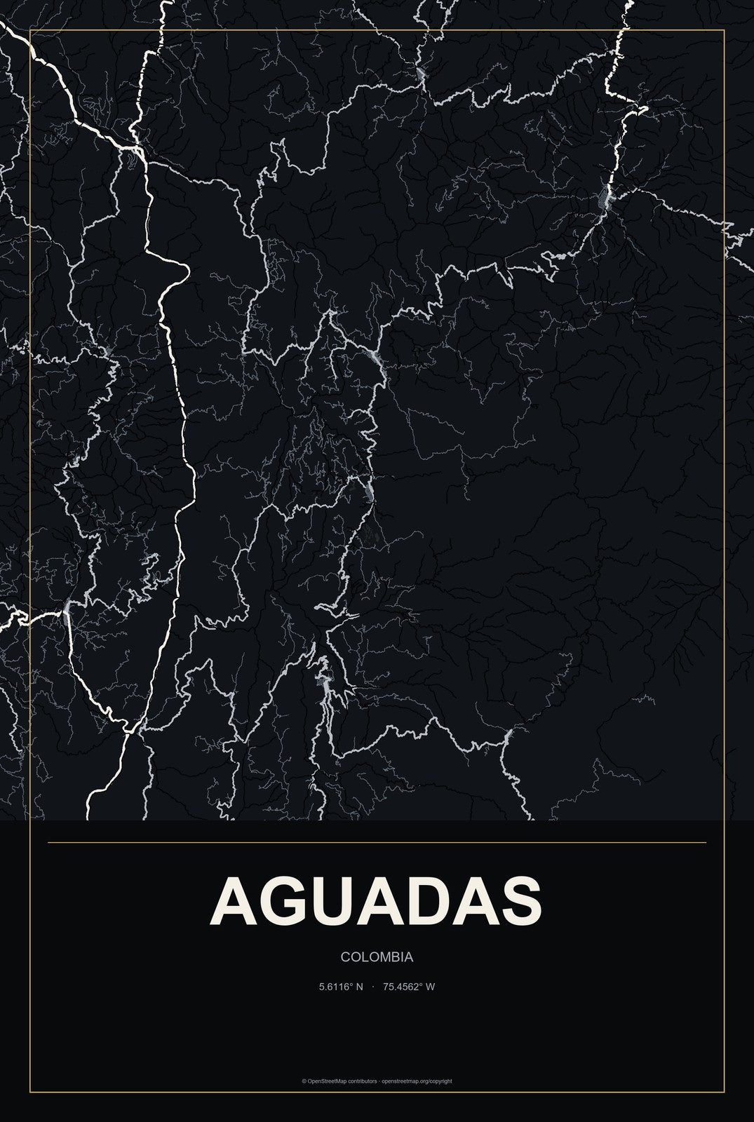 Aguadas, Colombia City Map Aluminum Sign in Metropolitan Noir style