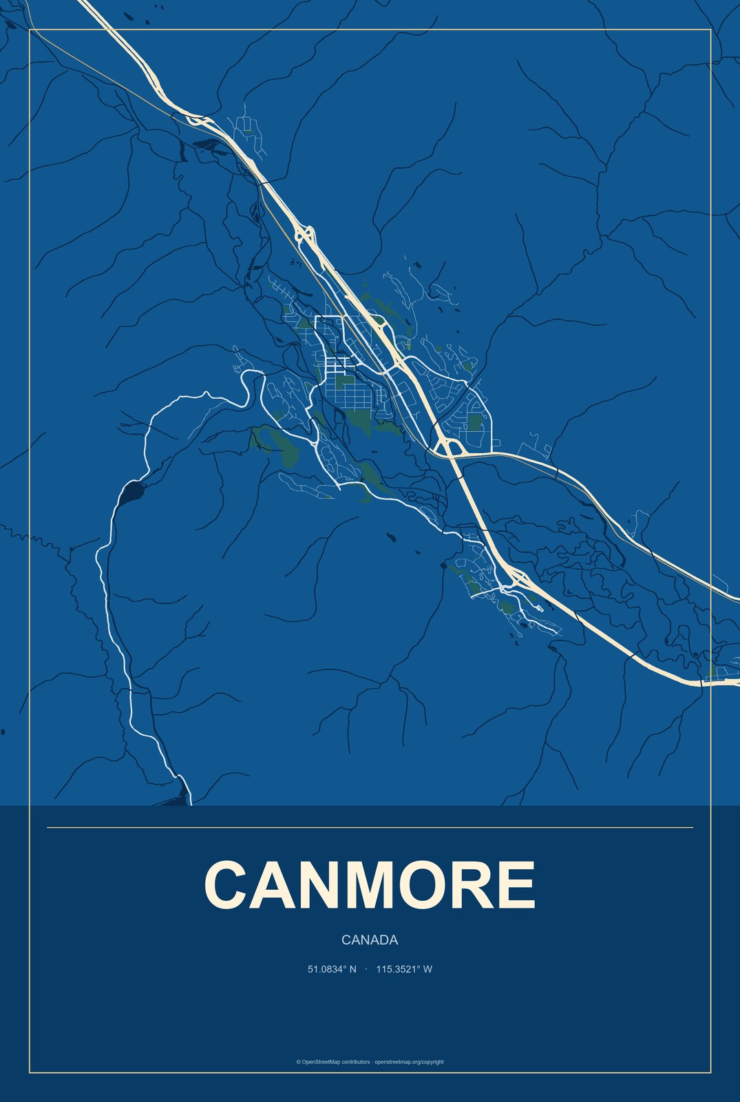 Canmore, Canada City Map Aluminum Sign in Harbor Cobalt style