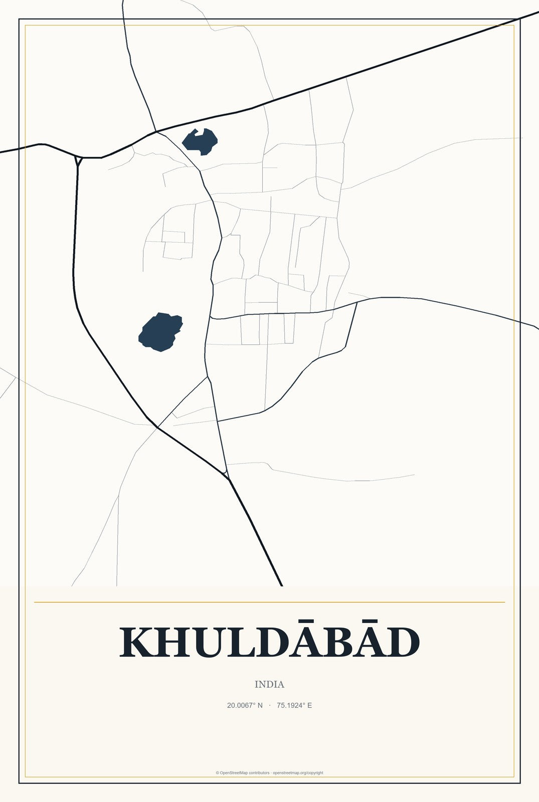 Khuldābād, India City Map Aluminum Sign in Citrine Modern style