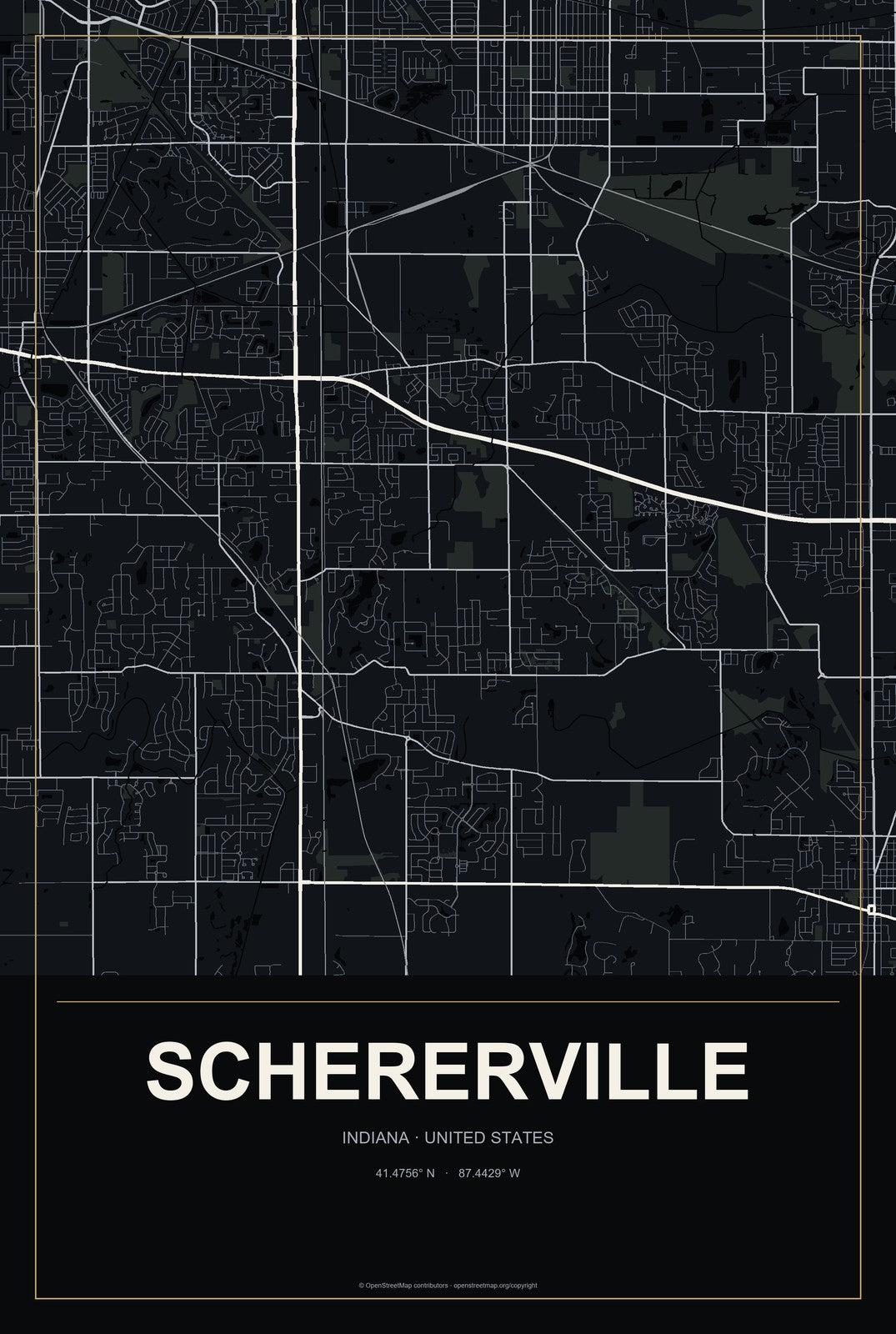 Schererville, Indiana City Map Aluminum Sign in Metropolitan Noir style