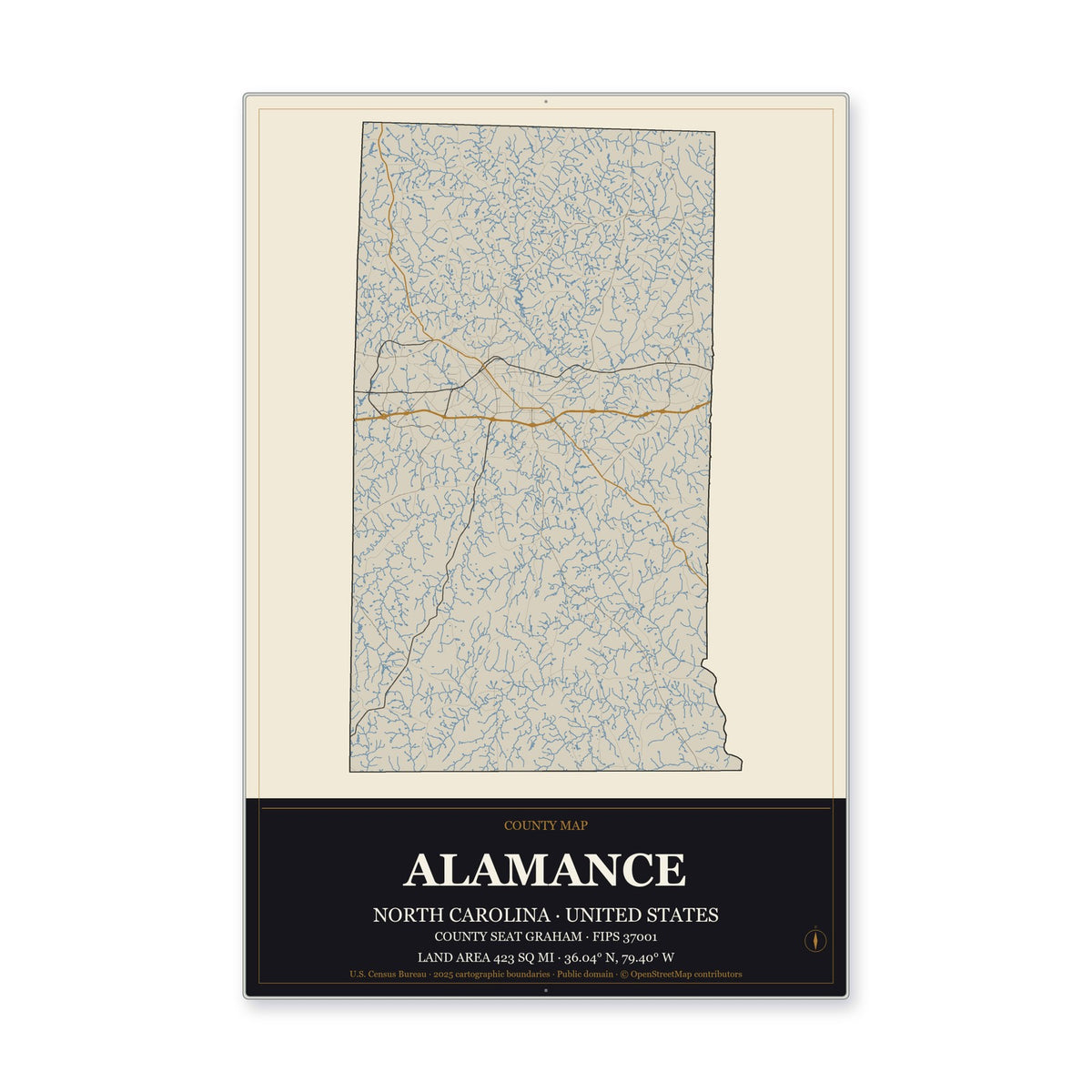 Alamance County, North Carolina Map Aluminum Sign in Museum Plaque style