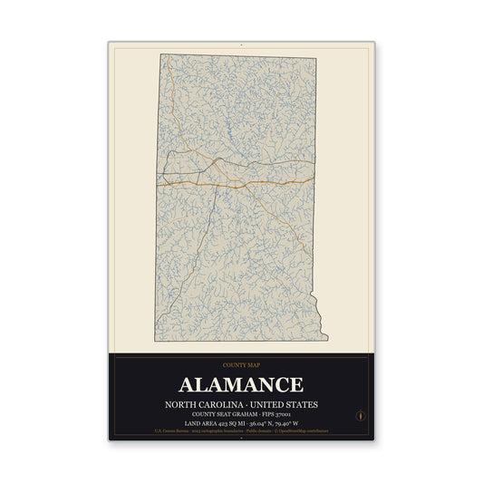 Alamance County, North Carolina Map Aluminum Sign in Museum Plaque style