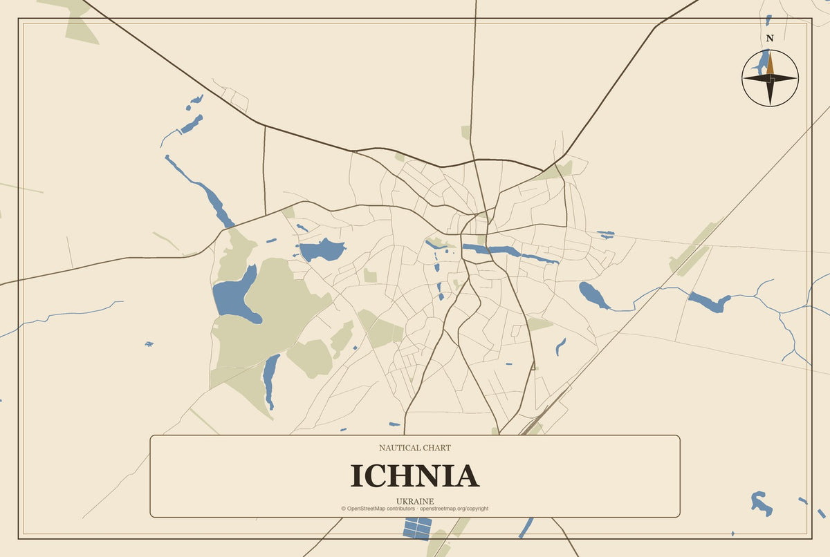 Ichnia, Ukraine City Map Aluminum Sign in Heritage Nautical style