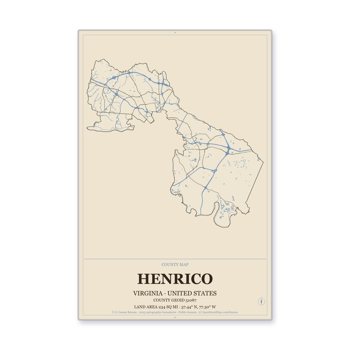 Henrico County, Virginia Map Aluminum Sign in Heritage Nautical style