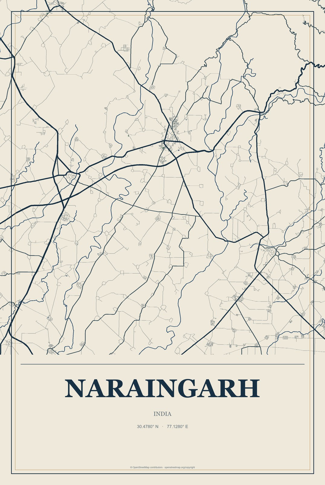 Naraingarh, India City Map Aluminum Sign in Coastal Cutout style