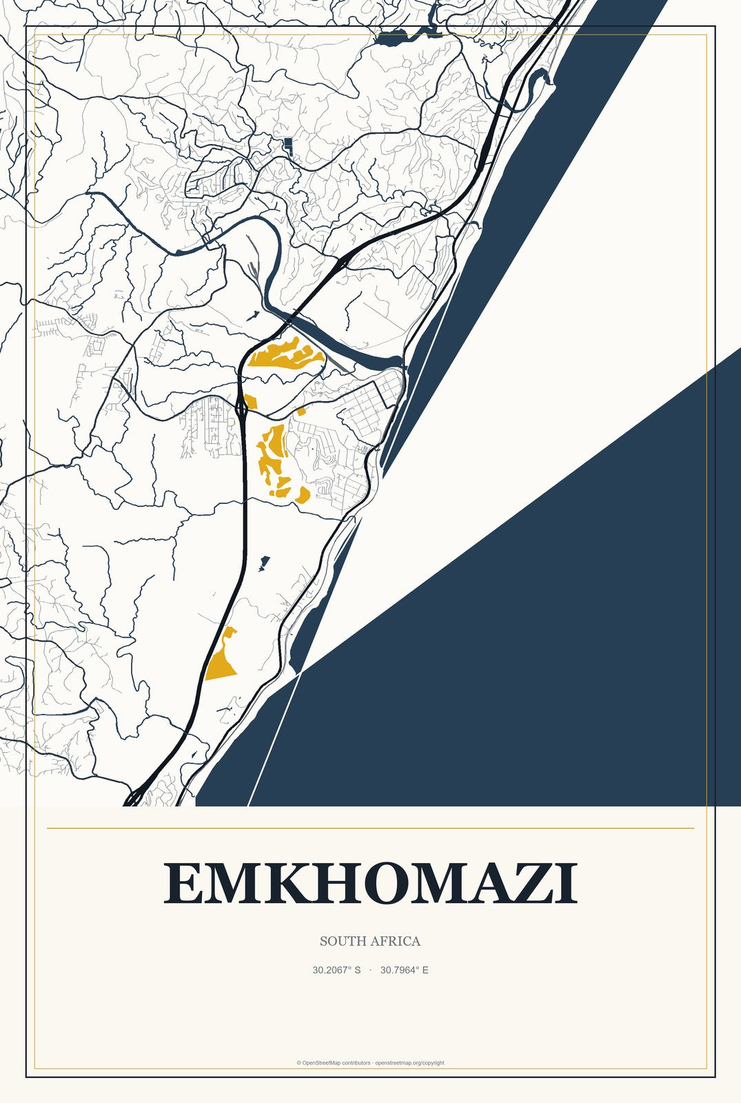 eMkhomazi, South Africa City Map Aluminum Sign in Citrine Modern style