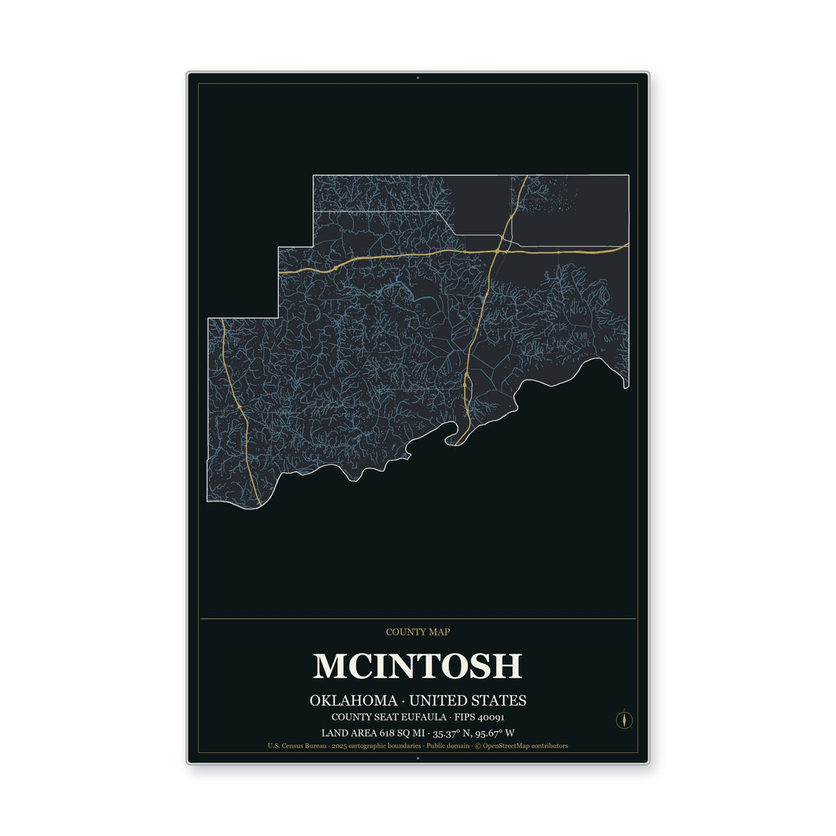 McIntosh County, Oklahoma Map Aluminum Sign in Metropolitan Noir style