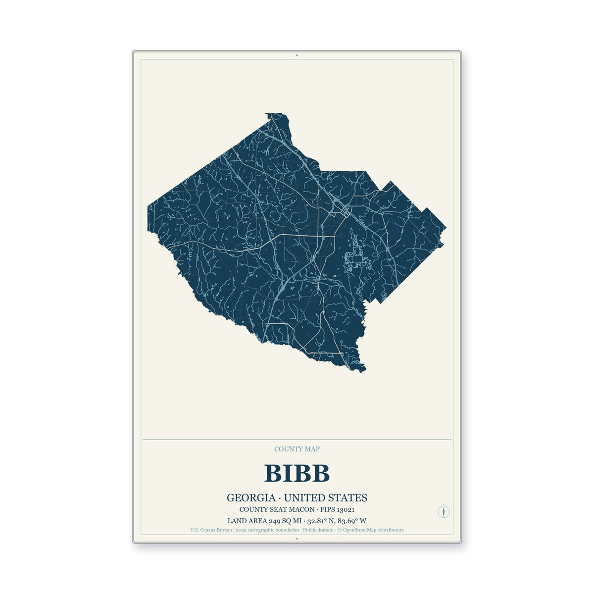 Bibb County, Georgia Map Aluminum Sign in Coastal Cutout style