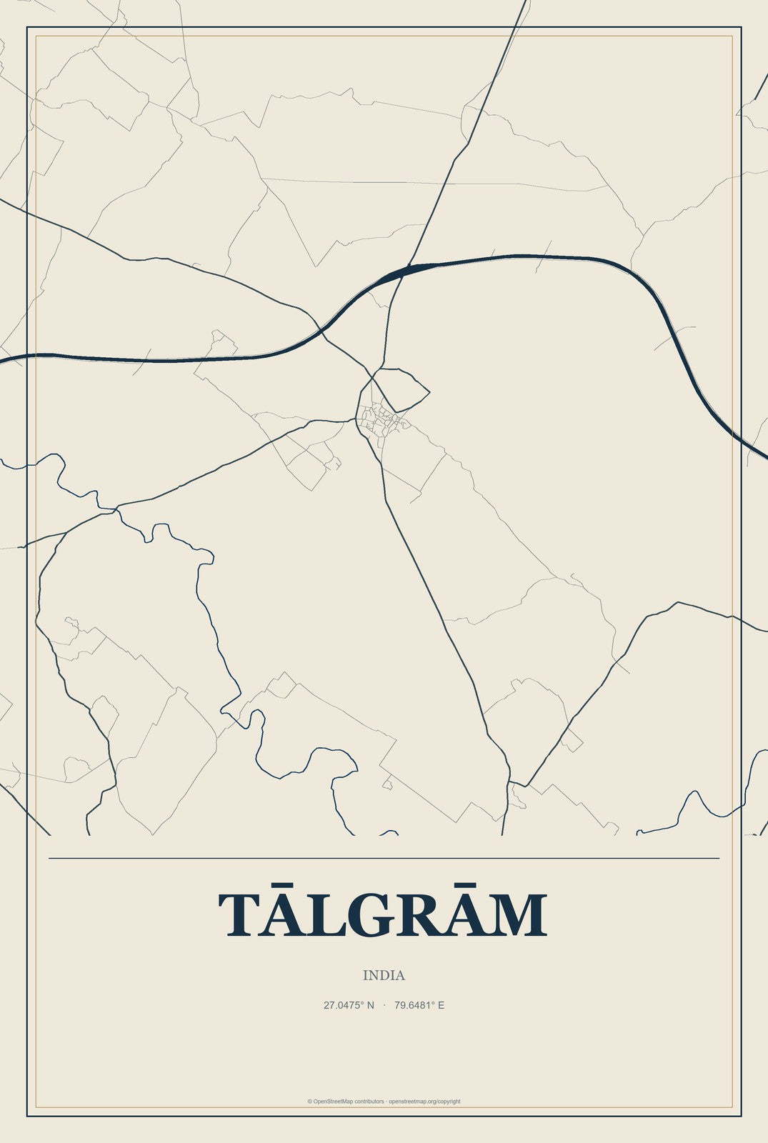 Tālgrām, India City Map Aluminum Sign in Coastal Cutout style