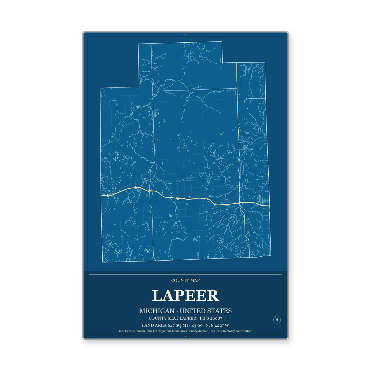 Lapeer County, Michigan Map Aluminum Sign in Harbor Cobalt style
