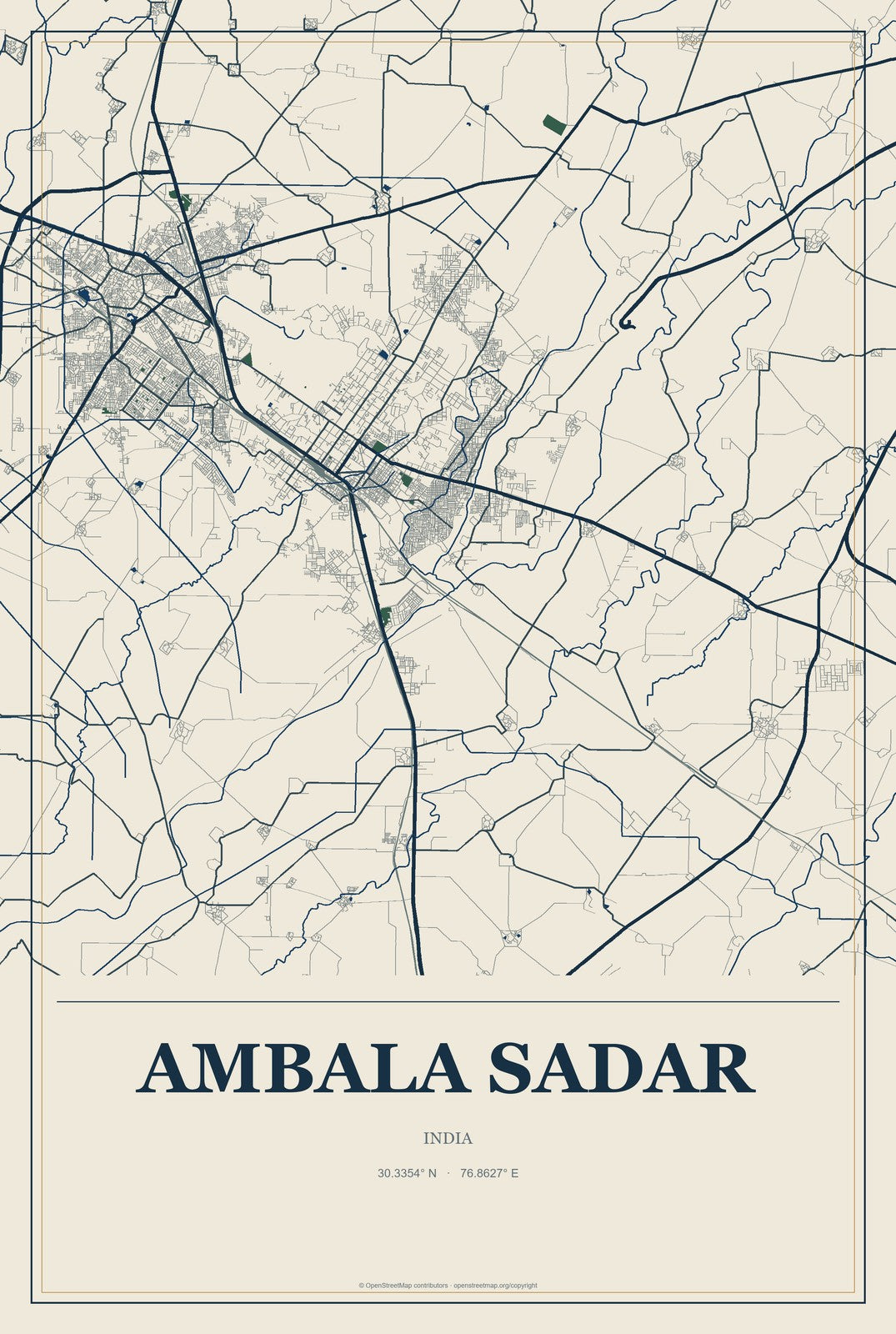 Ambala Sadar, India City Map Aluminum Sign in Coastal Cutout style