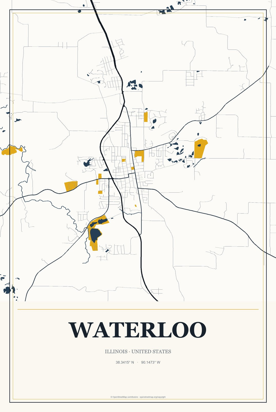 Waterloo, Illinois City Map Aluminum Sign in Citrine Modern style